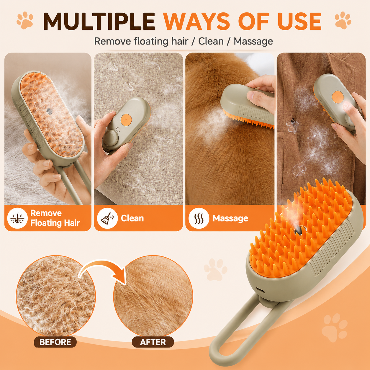 Pawmira™ SteamyGroom Brush – 3-in-1 Steam Pet Grooming Brush