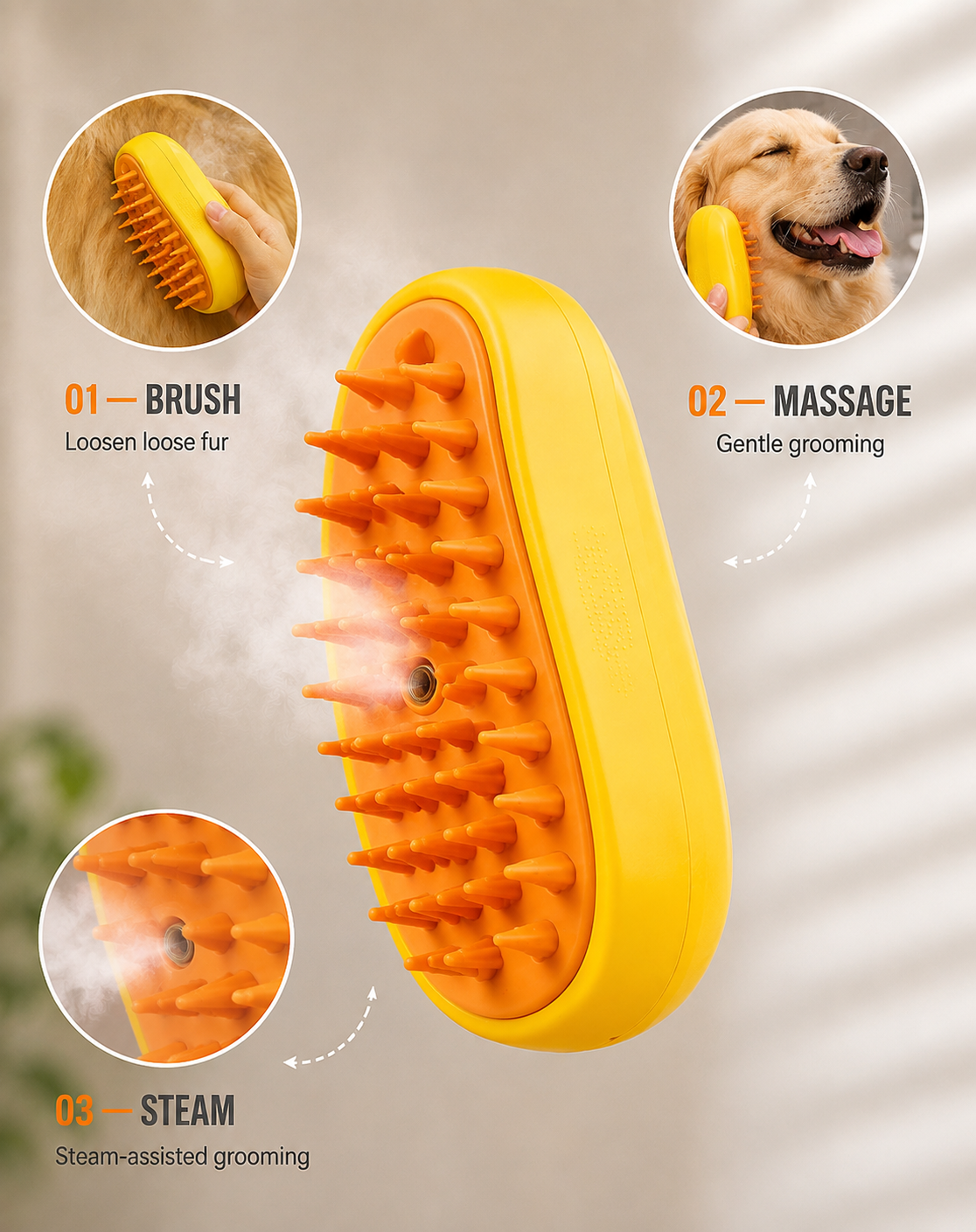 3-in-1 Steam Grooming Brush for Dogs & Cats